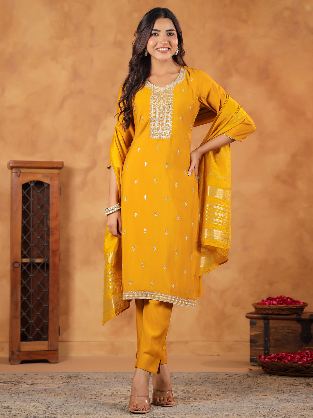 Janasya Bright Chanderi Embroidered Straight Kurta Set | Swadesiicart