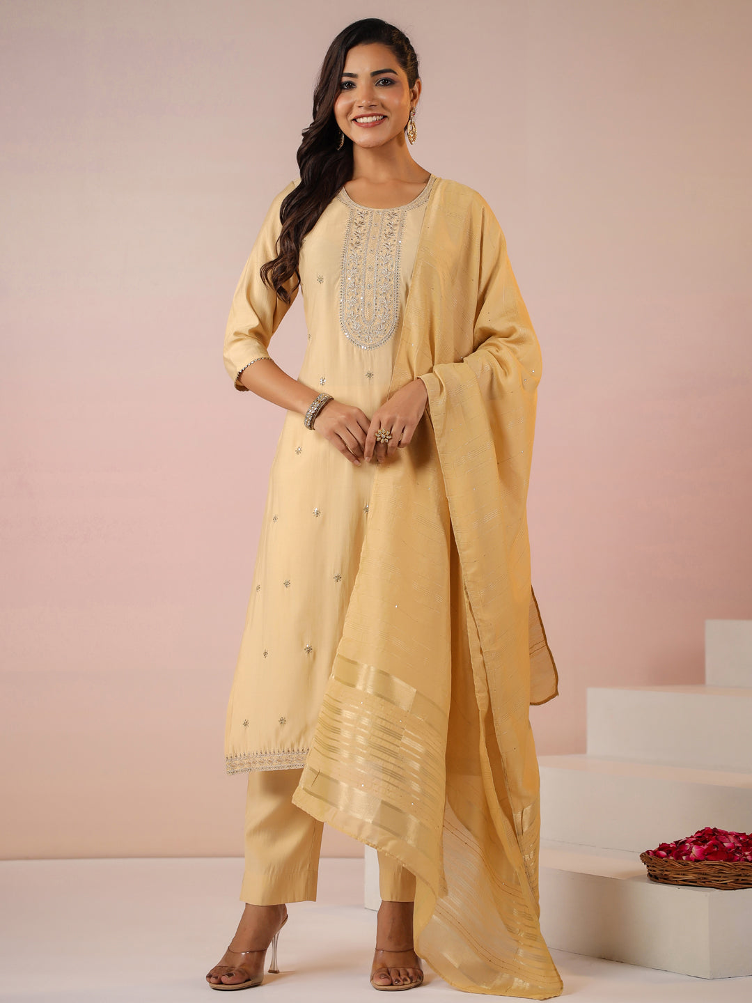 Janasya Light Chanderi Embroidered Straight Kurta Set | Swadesiicart