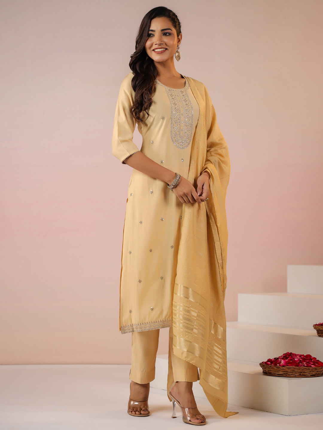 Janasya Light Chanderi Embroidered Straight Kurta Set | Swadesiicart
