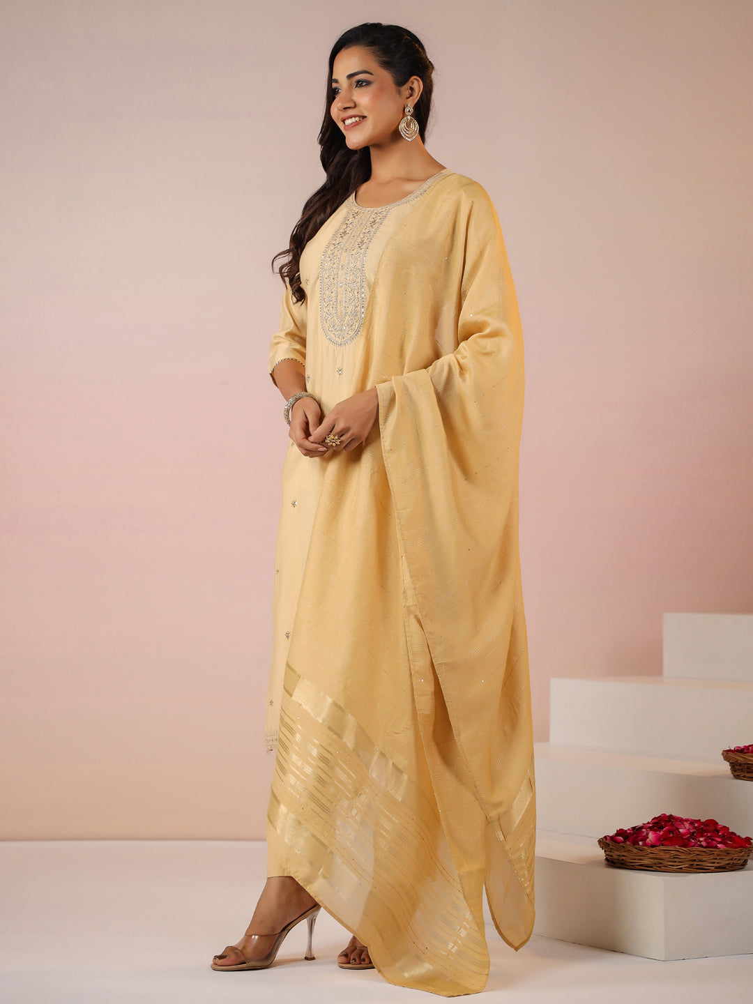 Janasya Light Chanderi Embroidered Straight Kurta Set | Swadesiicart
