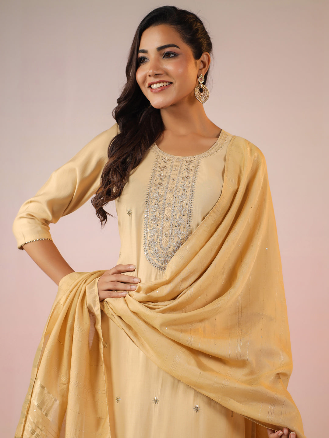 Janasya Light Chanderi Embroidered Straight Kurta Set | Swadesiicart