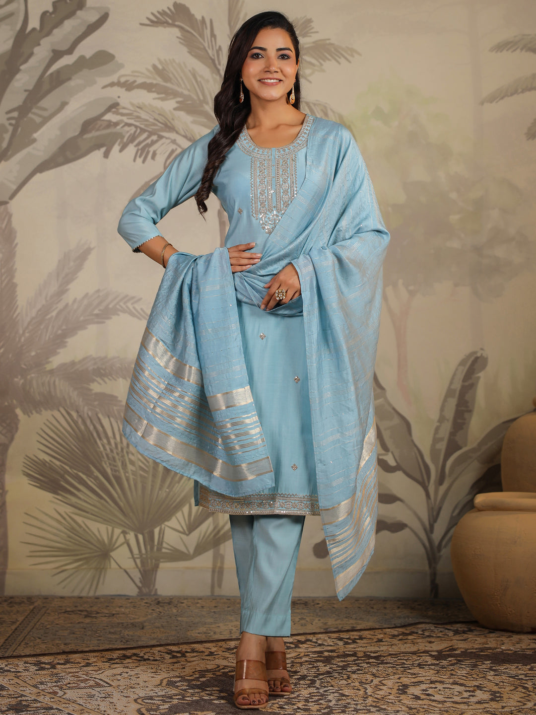 Janasya Light Chanderi Embroidered Straight Kurta Set | Swadesiicart