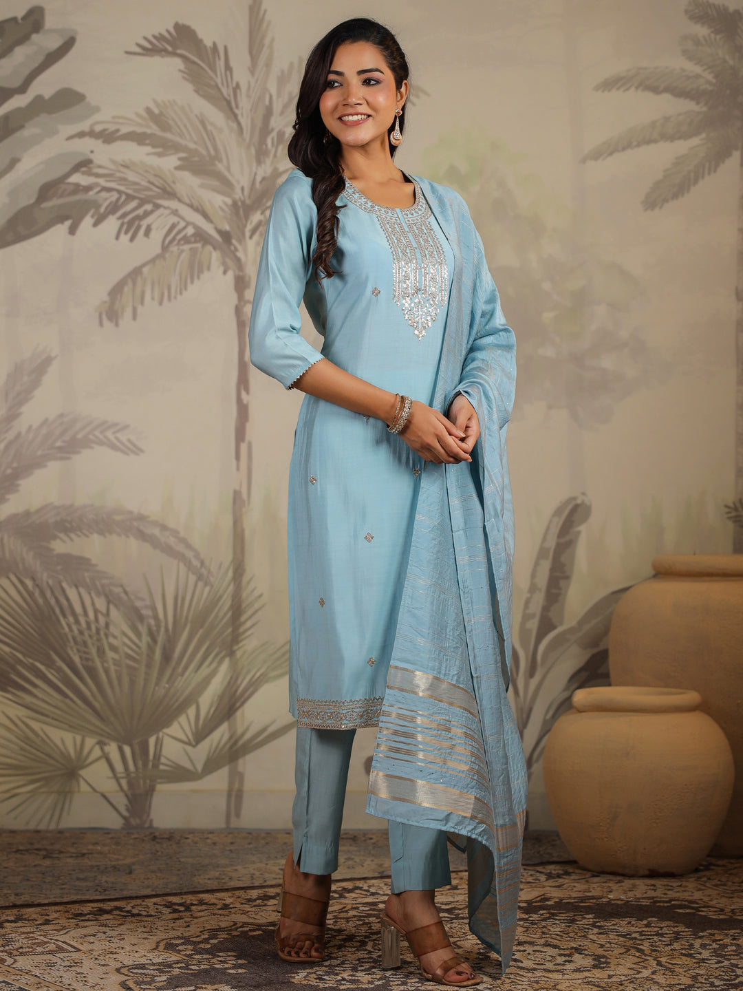 Janasya Light Chanderi Embroidered Straight Kurta Set | Swadesiicart