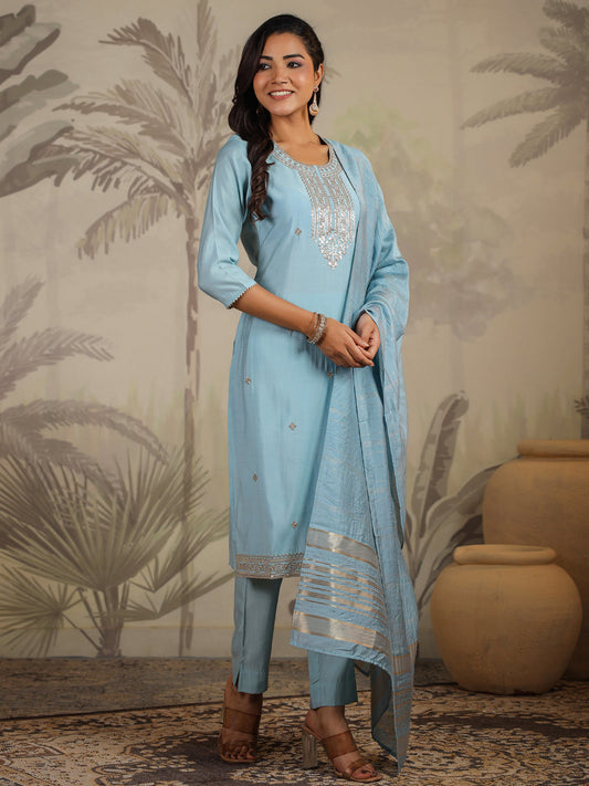 Janasya Light Chanderi Embroidered Straight Kurta Set | Swadesiicart