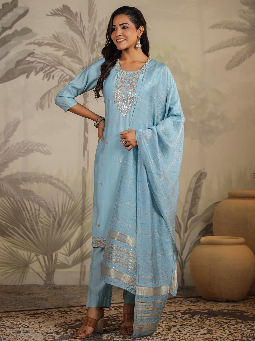 Janasya Light Chanderi Embroidered Straight Kurta Set | Swadesiicart