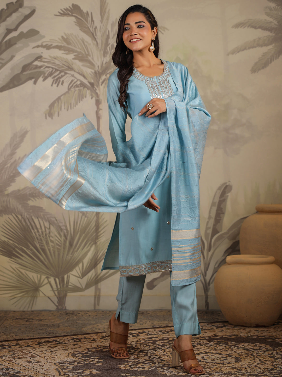 Janasya Light Chanderi Embroidered Straight Kurta Set | Swadesiicart