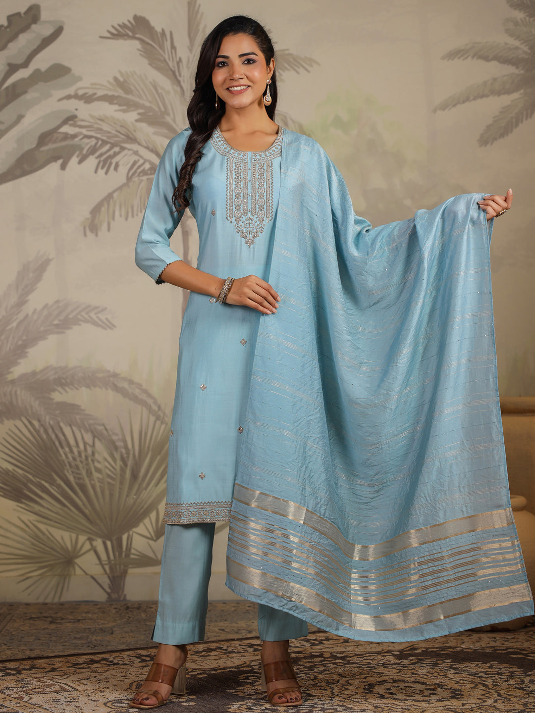 Janasya Light Chanderi Embroidered Straight Kurta Set | Swadesiicart