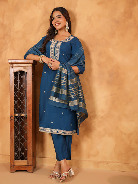 Janasya Dark Chanderi Embroidered Straight Kurta Set | Swadesiicart