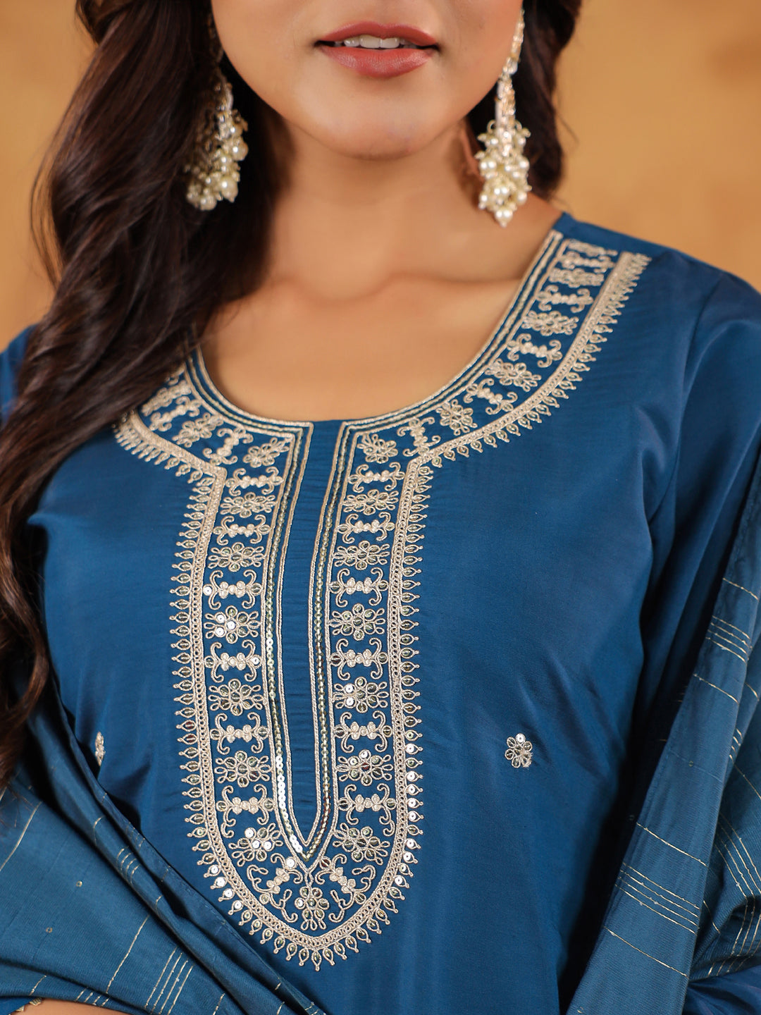 Janasya Dark Chanderi Embroidered Straight Kurta Set | Swadesiicart
