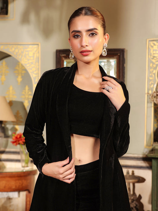 Janasya Black Velvet Solid Top,Bottom & Jacket | Swadesiicart