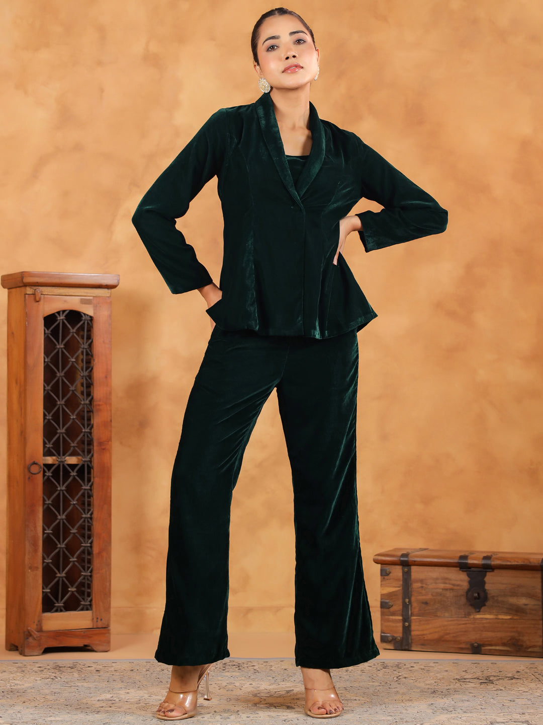 Janasya Green Velvet Solid Top,Bottom & Jacket | Swadesiicart