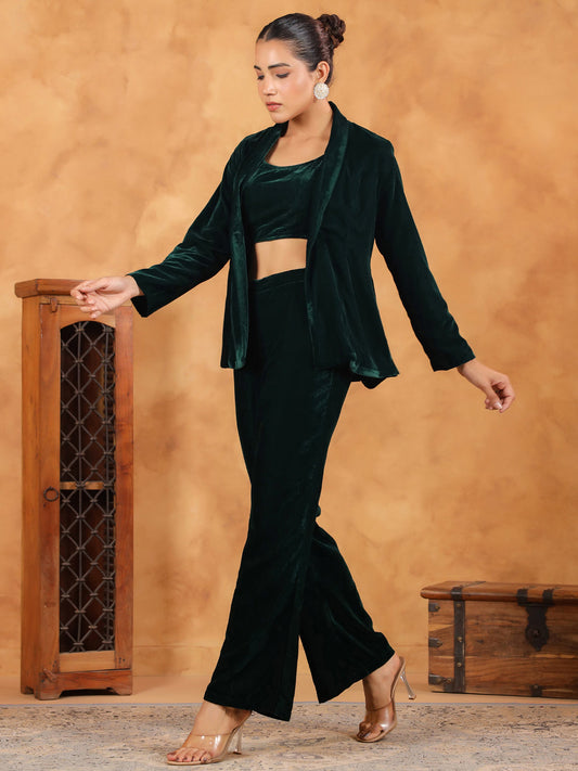 Janasya Green Velvet Solid Top,Bottom & Jacket | Swadesiicart