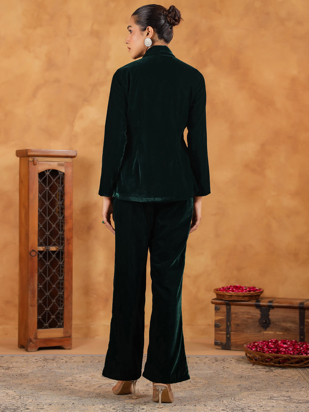 Janasya Green Velvet Solid Top,Bottom & Jacket | Swadesiicart