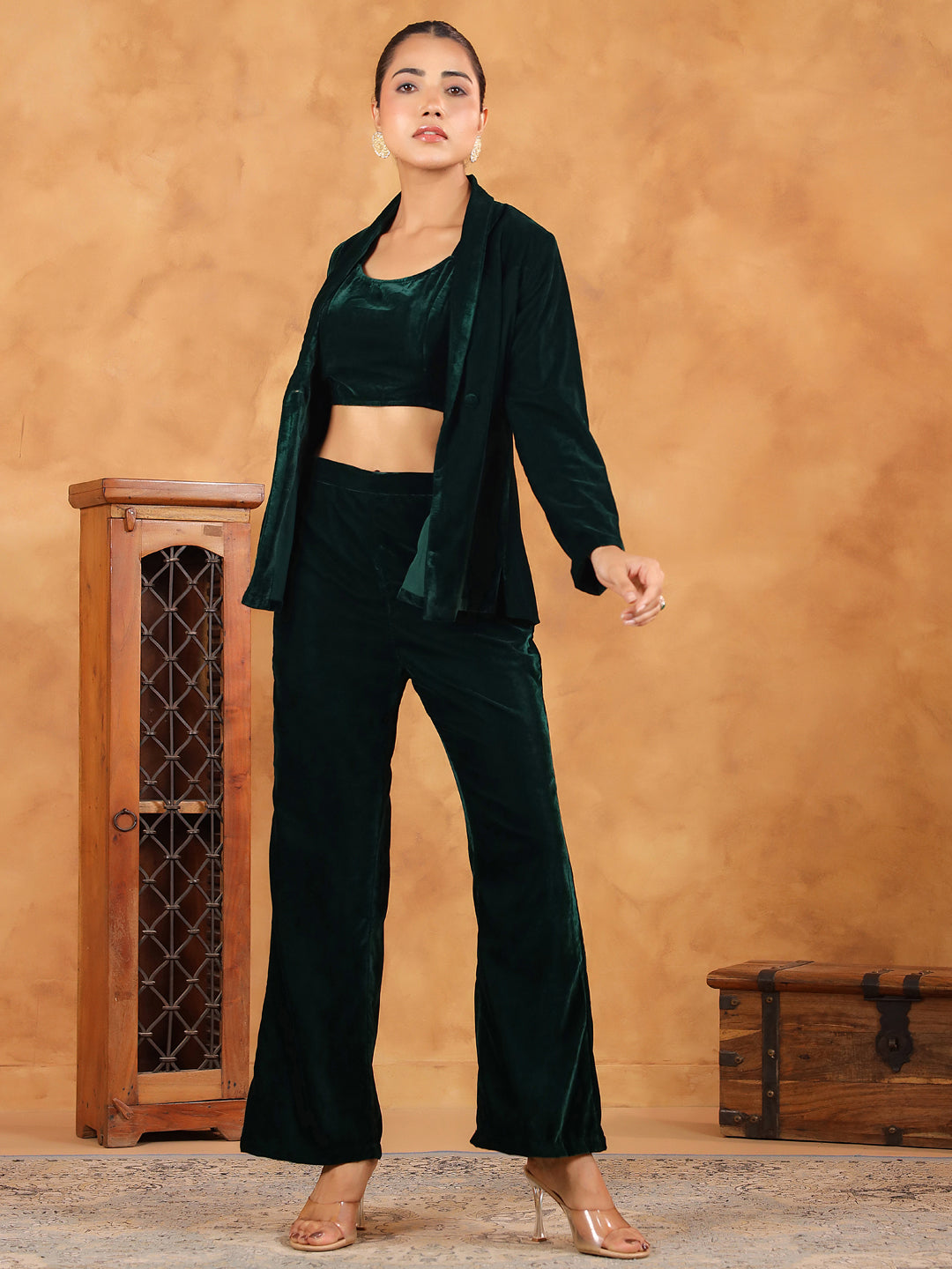 Janasya Green Velvet Solid Top,Bottom & Jacket | Swadesiicart