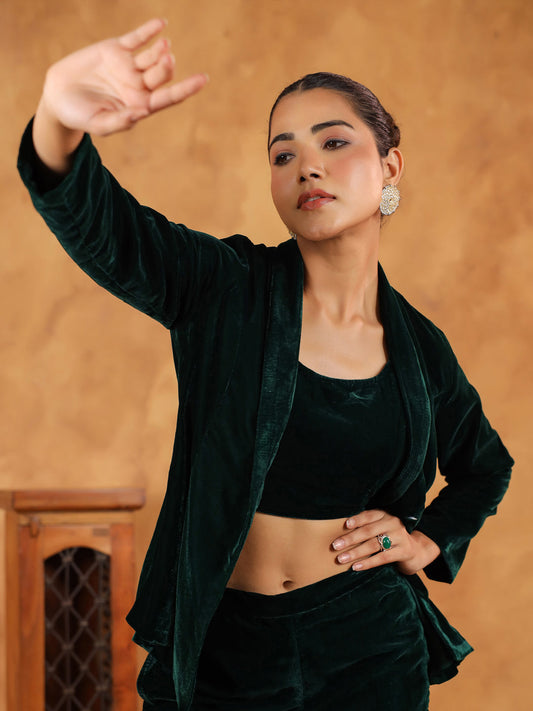 Janasya Green Velvet Solid Top,Bottom & Jacket | Swadesiicart