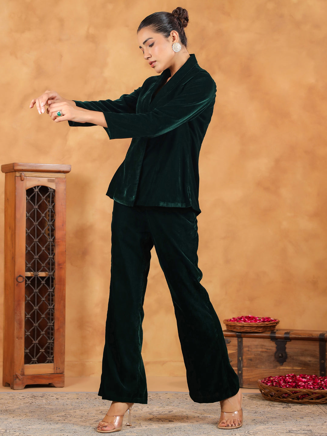 Janasya Green Velvet Solid Top,Bottom & Jacket | Swadesiicart