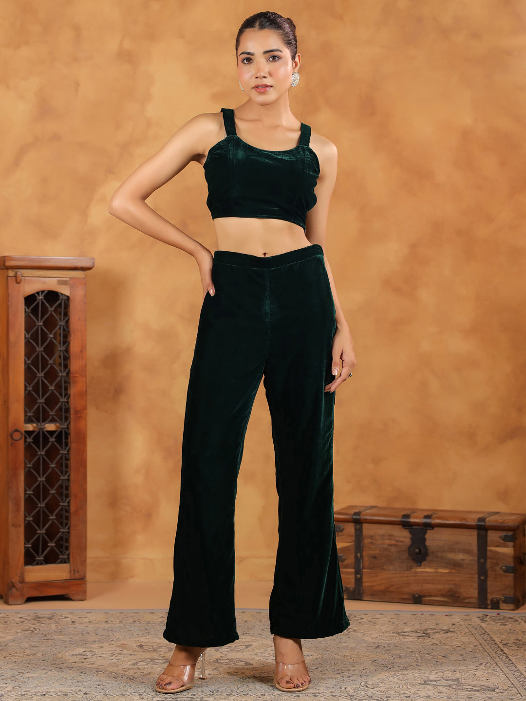 Janasya Green Velvet Solid Top,Bottom & Jacket | Swadesiicart