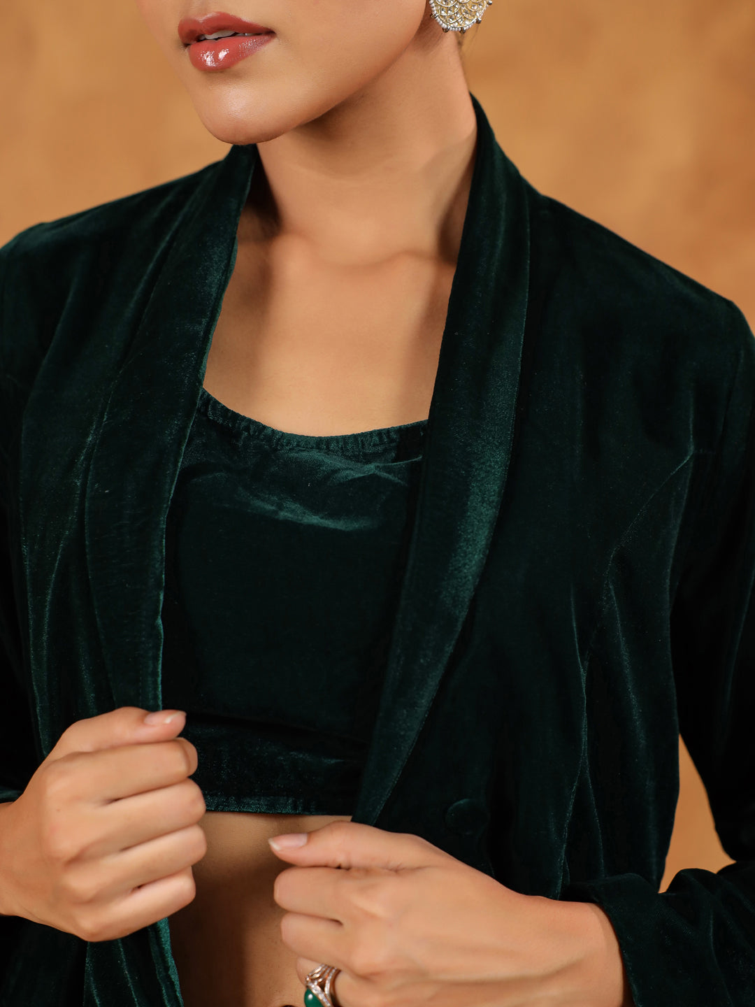 Janasya Green Velvet Solid Top,Bottom & Jacket | Swadesiicart