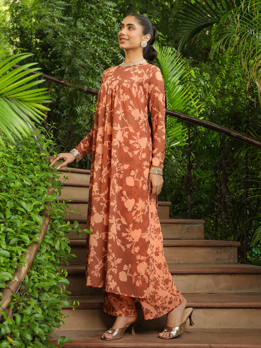 Janasya Brown Weightless Georgette Floral Kurta, pant & Jacket | Swadesiicart