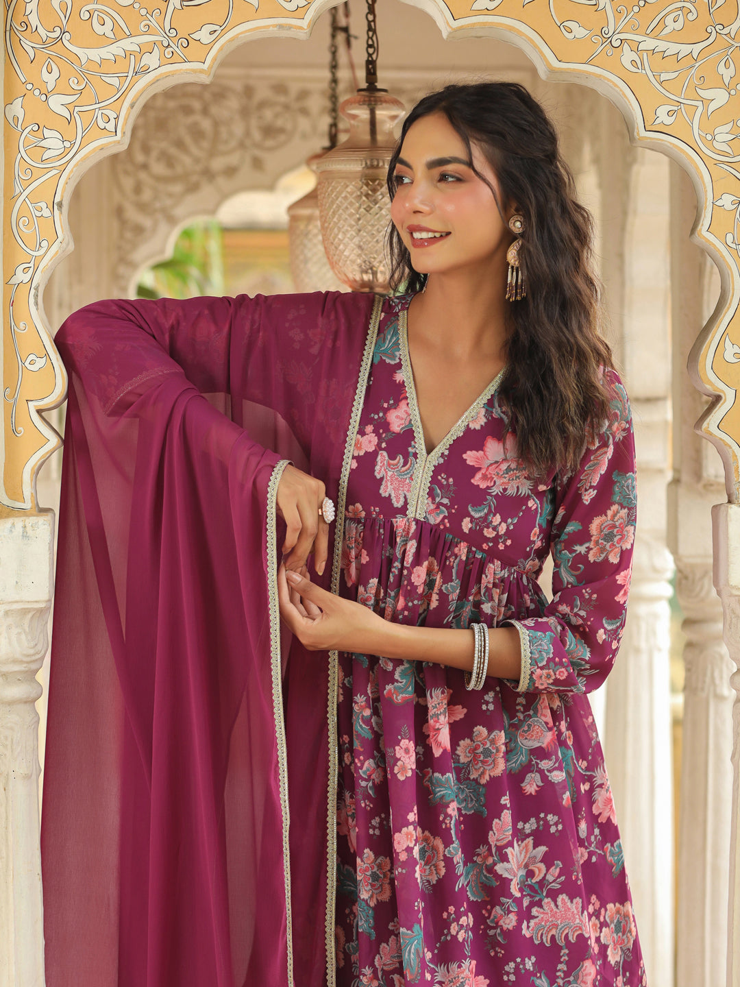 Janasya Purple Weightless Georgette Printed Kurta,Bottom & Dupatta | Swadesiicart