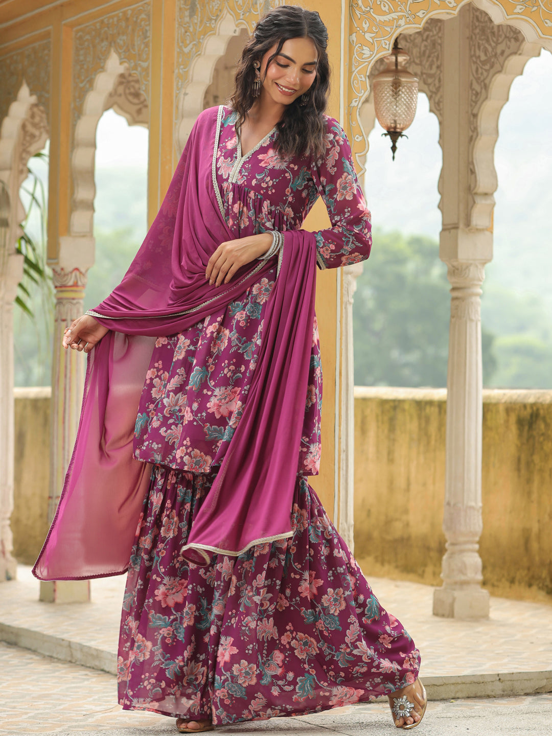 Janasya Purple Weightless Georgette Printed Kurta,Bottom & Dupatta | Swadesiicart