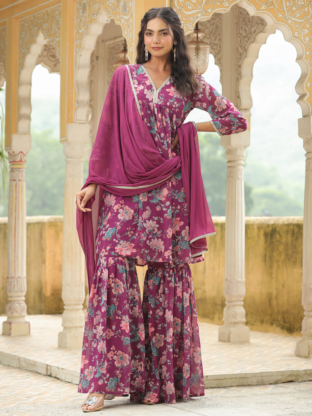Janasya Purple Weightless Georgette Printed Kurta,Bottom & Dupatta | Swadesiicart