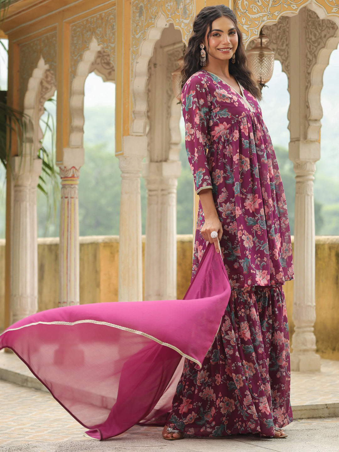 Janasya Purple Weightless Georgette Printed Kurta,Bottom & Dupatta | Swadesiicart