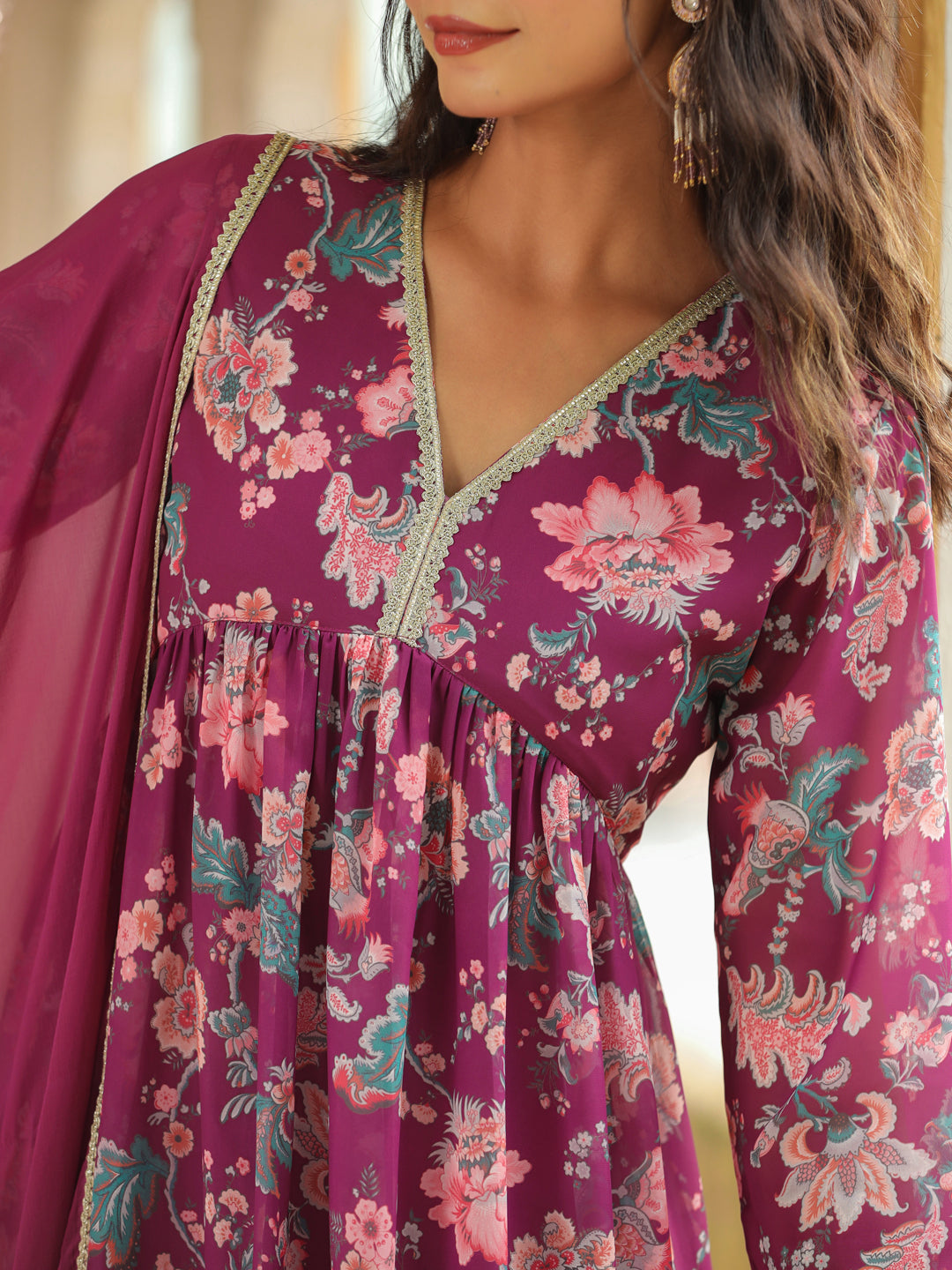 Janasya Purple Weightless Georgette Printed Kurta,Bottom & Dupatta | Swadesiicart