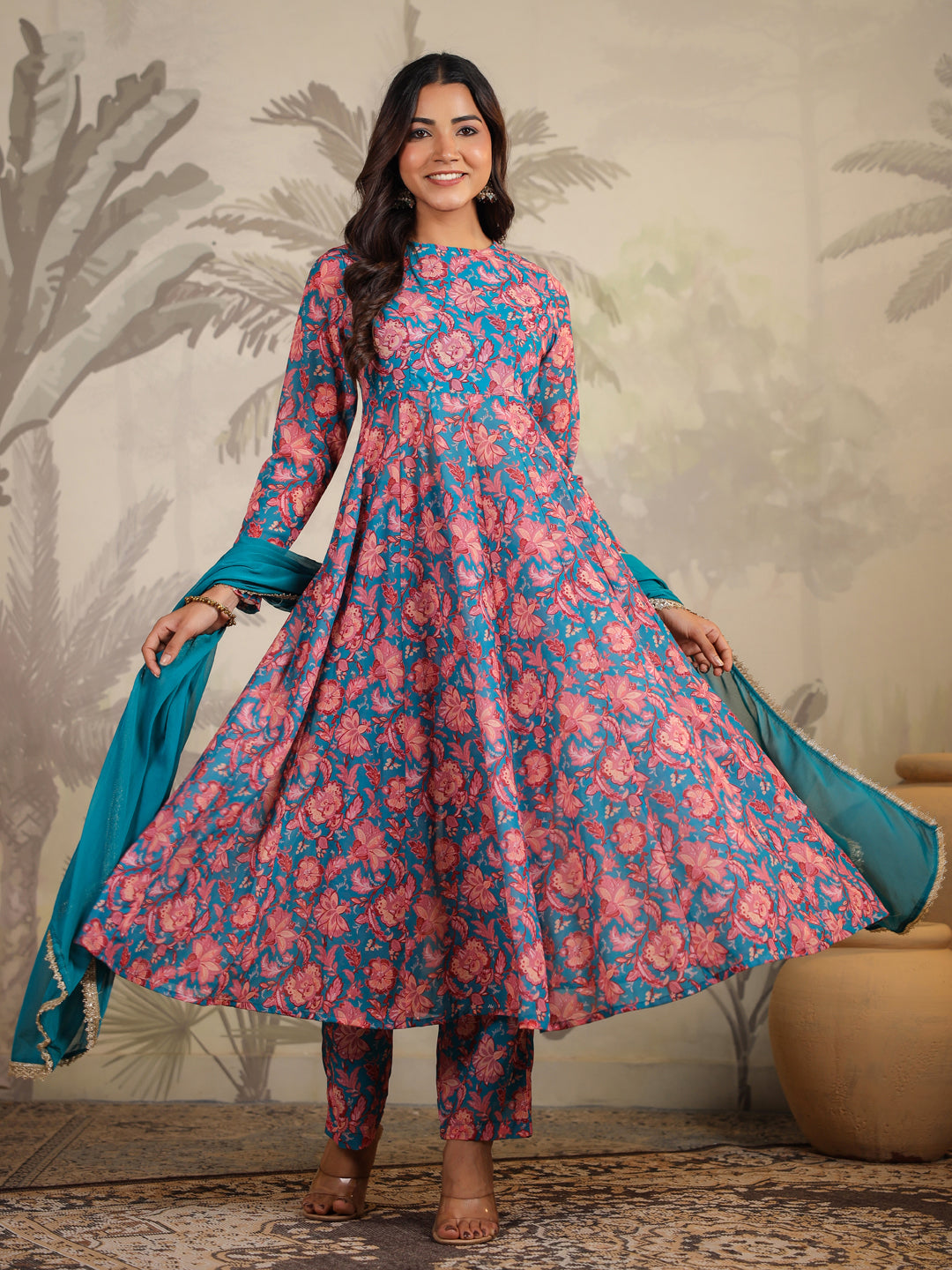 Janasya Teal Weightless Georgette Floral Kurta,Bottom & Dupatta | Swadesiicart