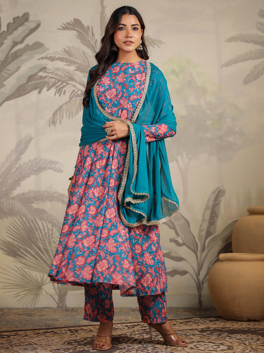 Janasya Teal Weightless Georgette Floral Kurta,Bottom & Dupatta | Swadesiicart