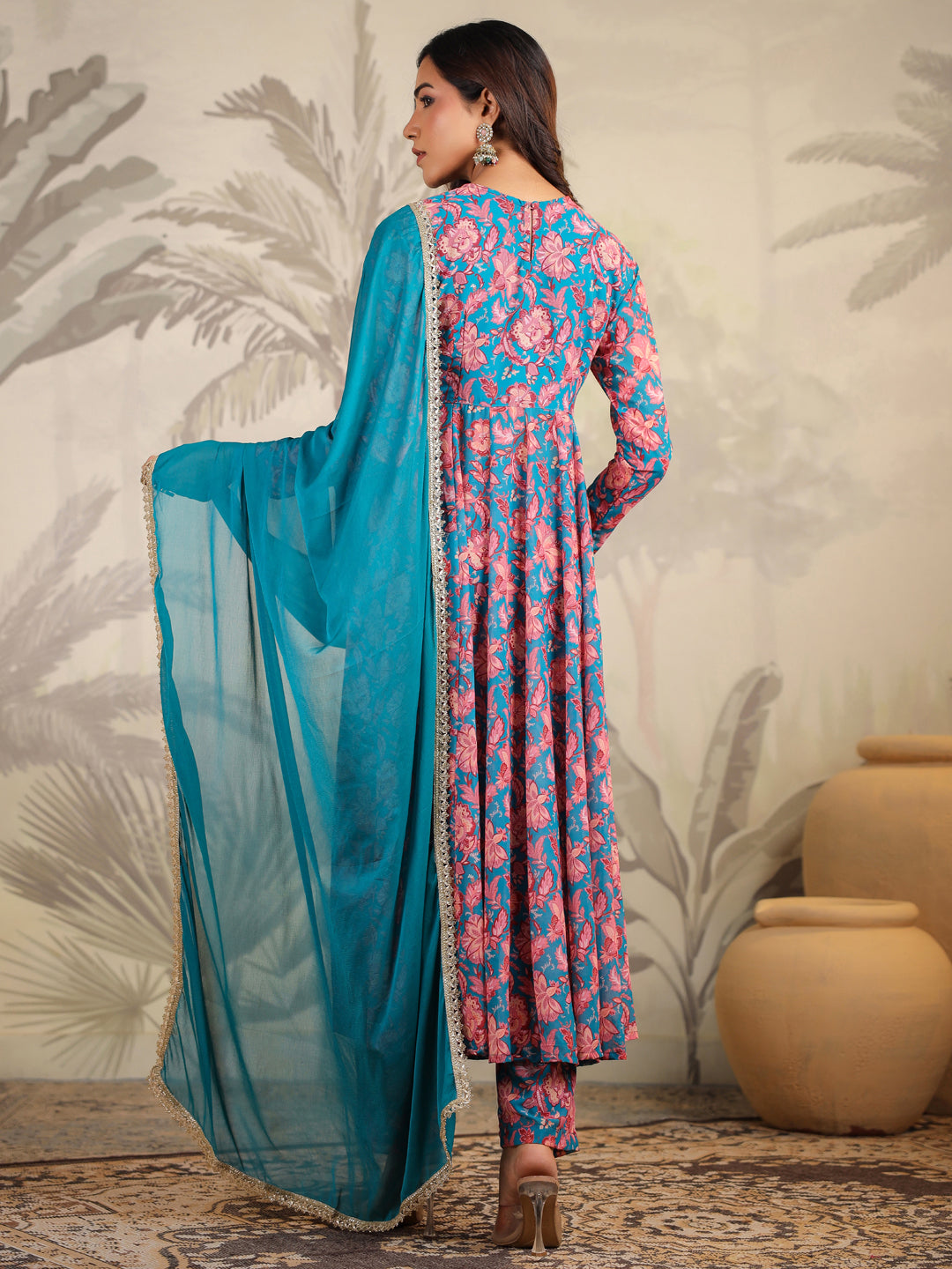 Janasya Teal Weightless Georgette Floral Kurta,Bottom & Dupatta | Swadesiicart