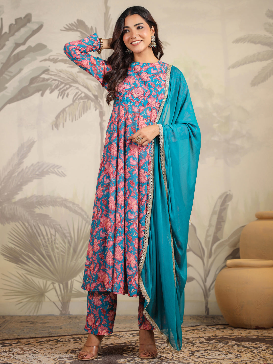 Janasya Teal Weightless Georgette Floral Kurta,Bottom & Dupatta | Swadesiicart