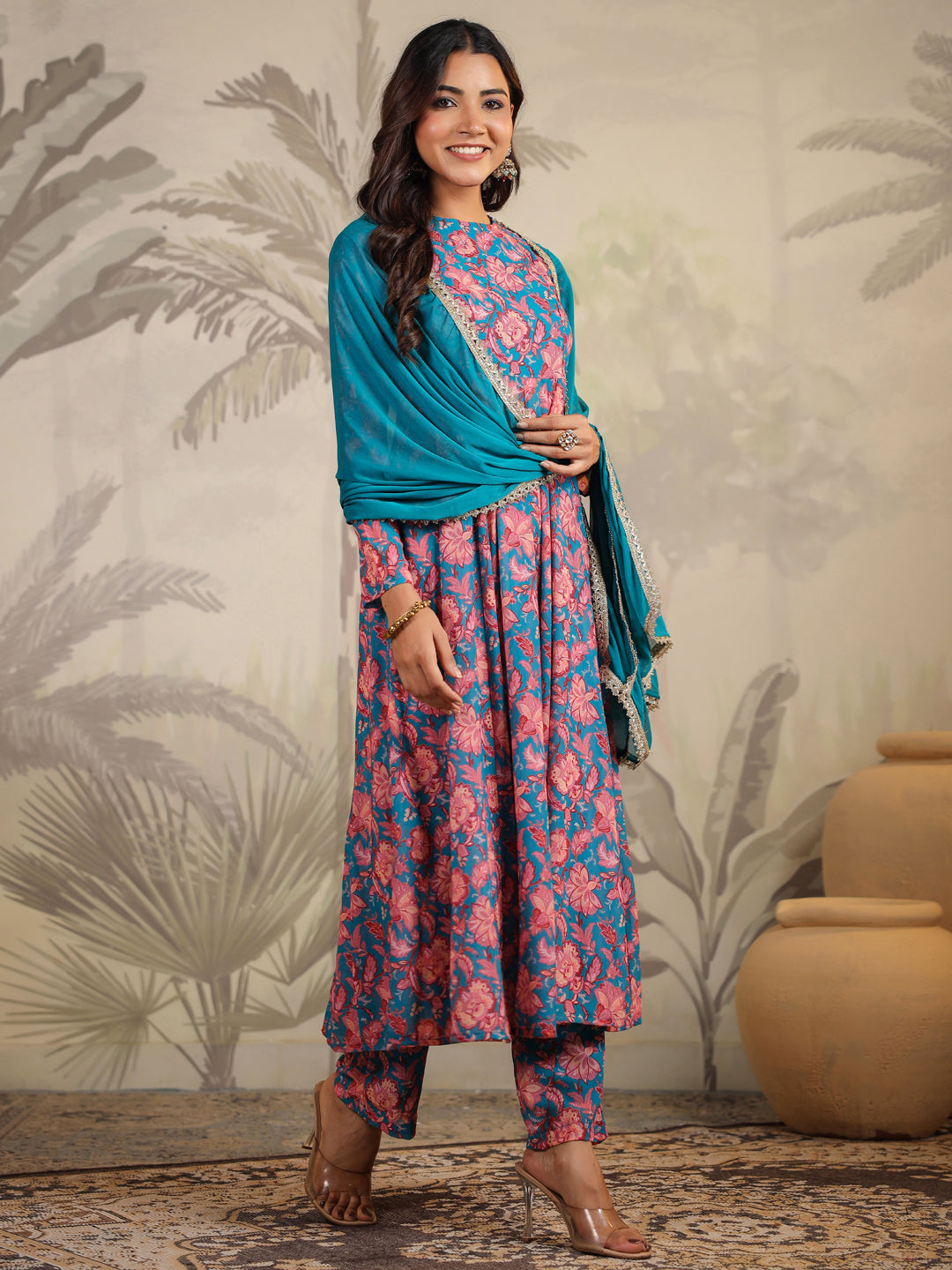 Janasya Teal Weightless Georgette Floral Kurta,Bottom & Dupatta | Swadesiicart