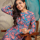 Janasya Teal Weightless Georgette Floral Kurta,Bottom & Dupatta | Swadesiicart