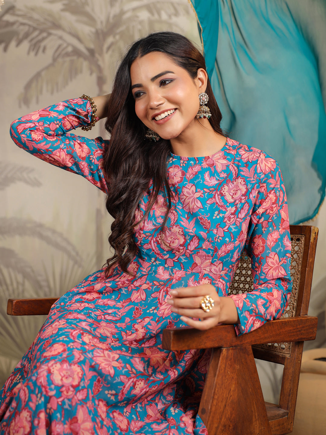 Janasya Teal Weightless Georgette Floral Kurta,Bottom & Dupatta | Swadesiicart