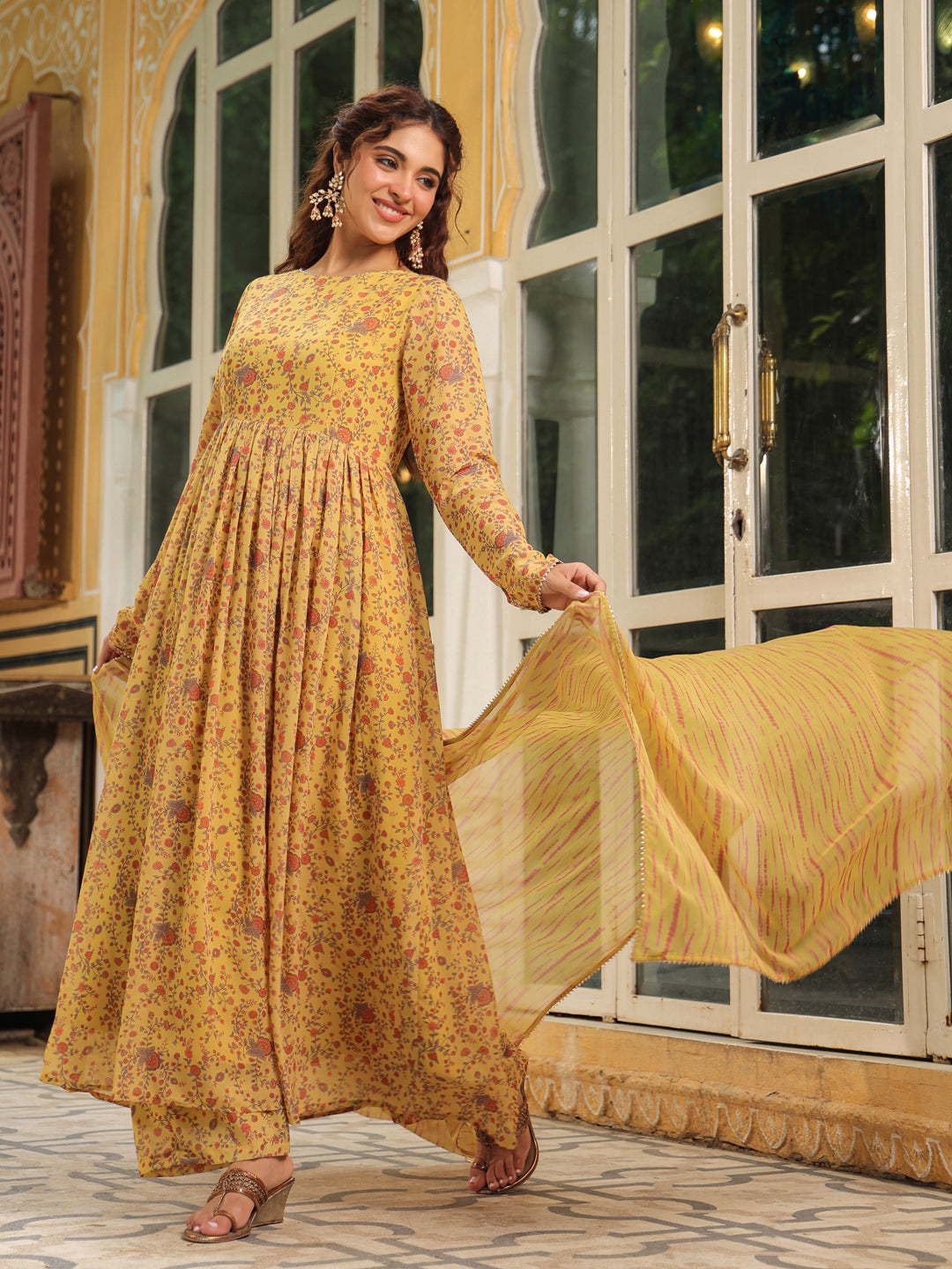 Janasya Mustard Georgette Floral Kurta,Bottom & Dupatta | Swadesiicart
