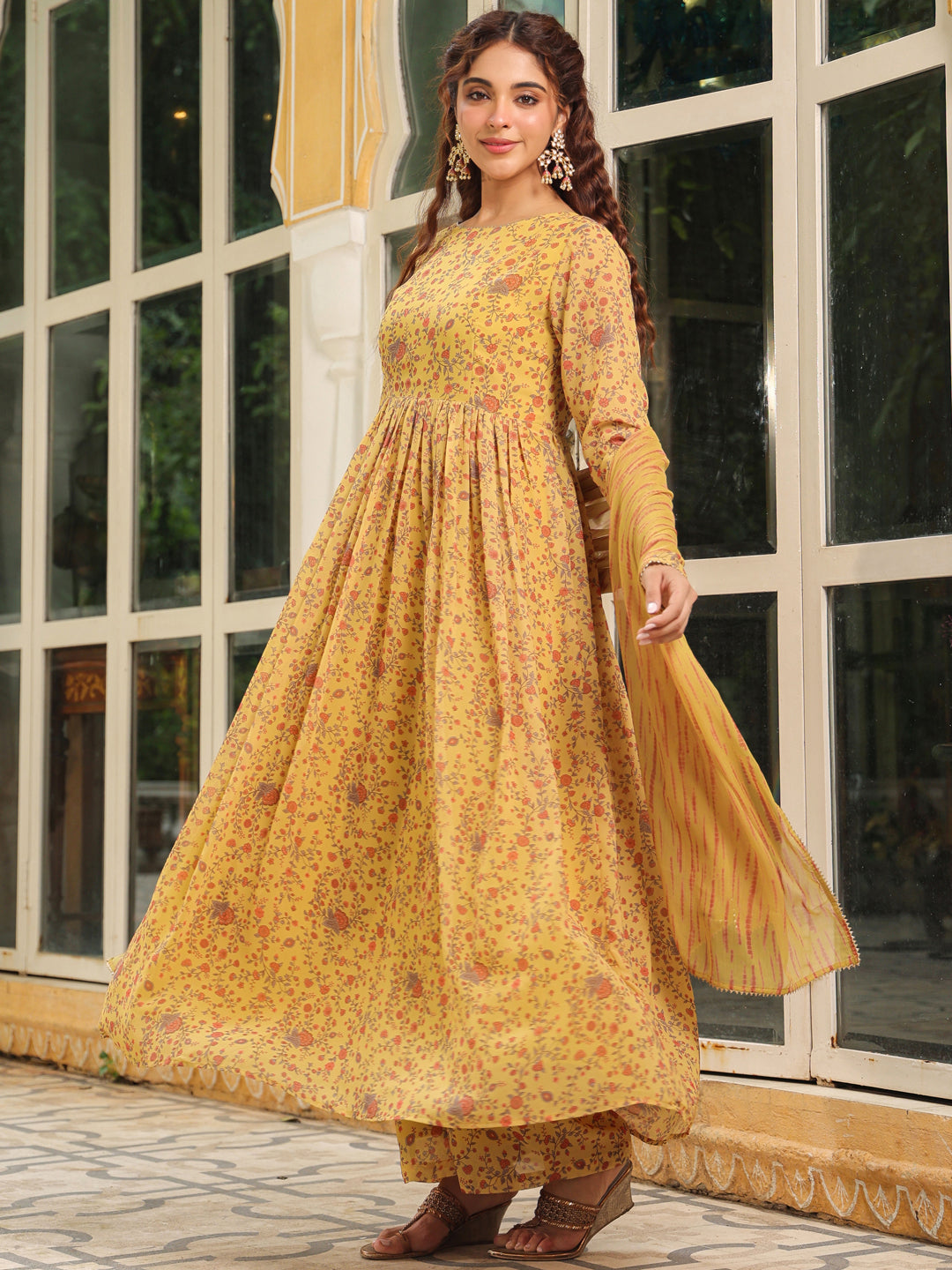 Janasya Mustard Georgette Floral Kurta,Bottom & Dupatta | Swadesiicart