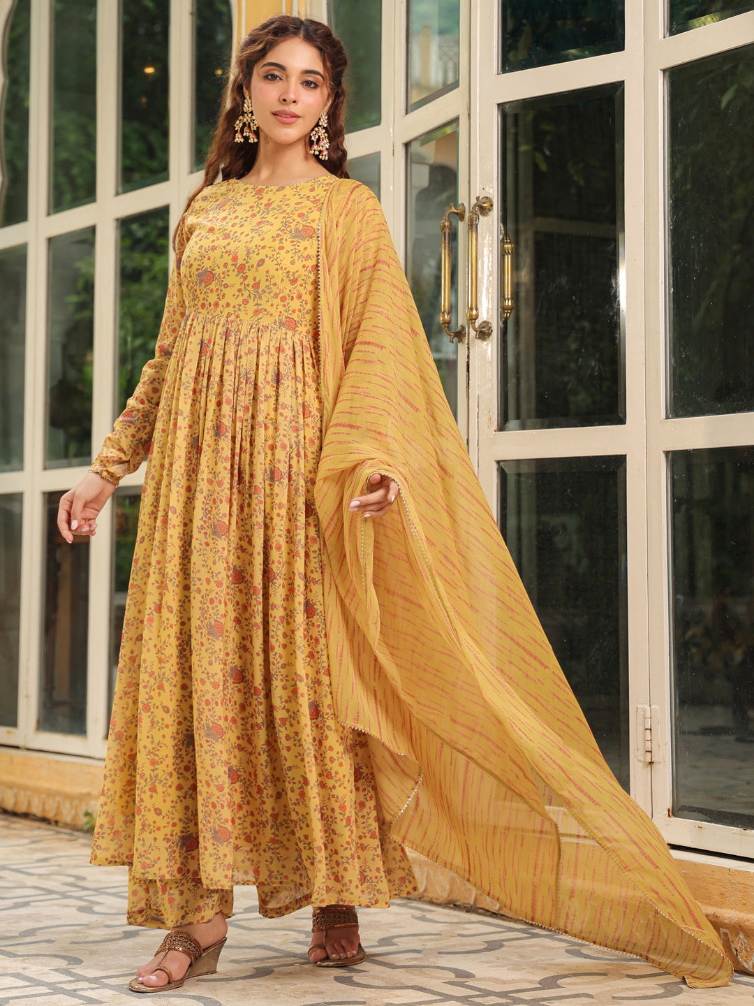 Janasya Mustard Georgette Floral Kurta,Bottom & Dupatta | Swadesiicart