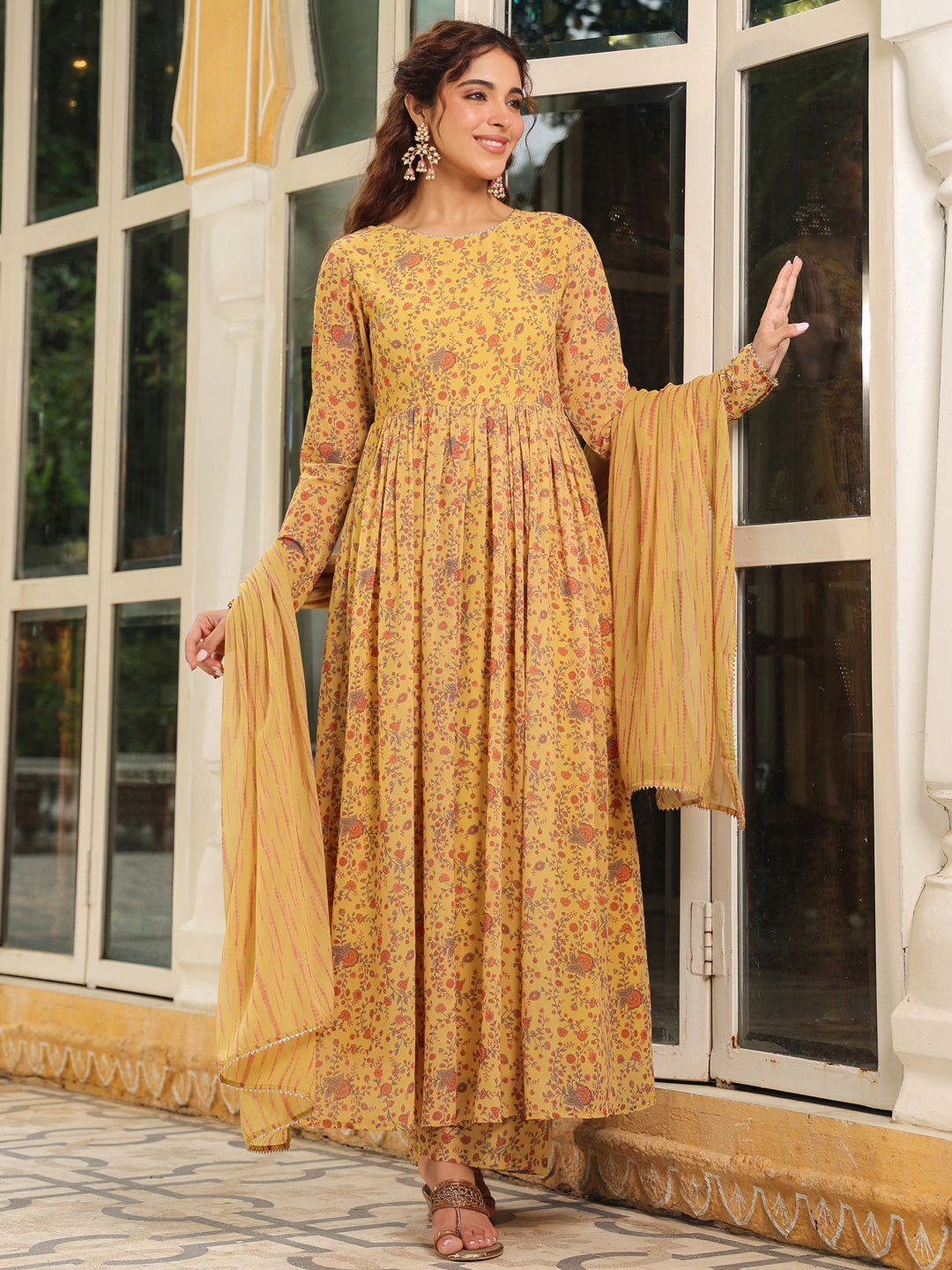 Janasya Mustard Georgette Floral Kurta,Bottom & Dupatta | Swadesiicart
