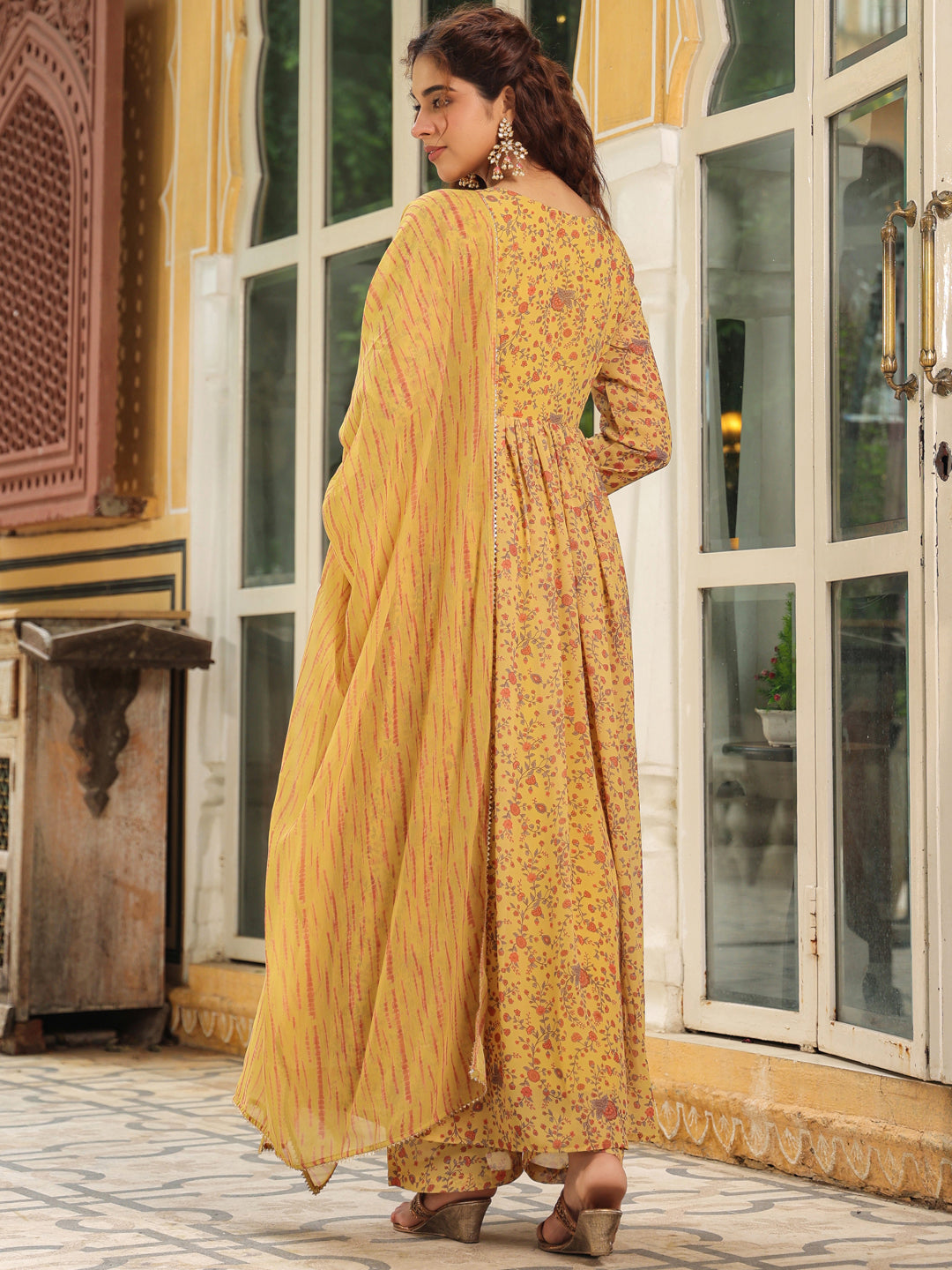 Janasya Mustard Georgette Floral Kurta,Bottom & Dupatta | Swadesiicart