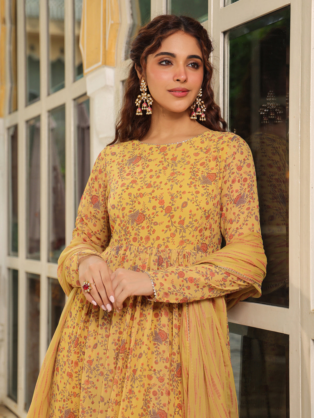 Janasya Mustard Georgette Floral Kurta,Bottom & Dupatta | Swadesiicart