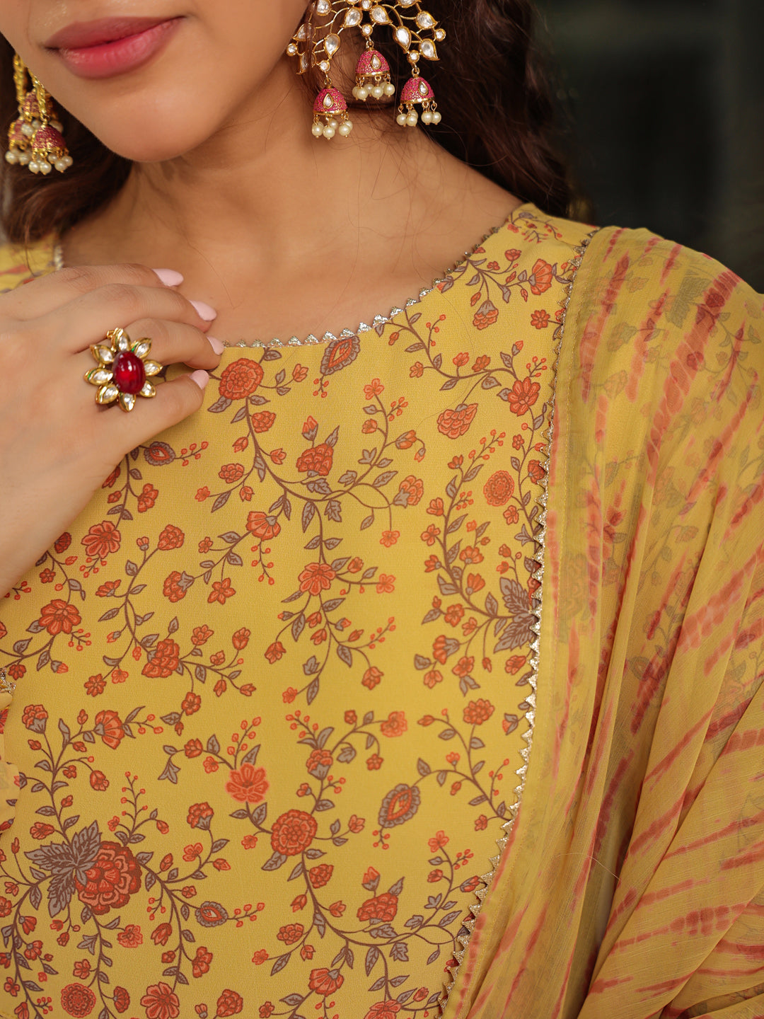 Janasya Mustard Georgette Floral Kurta,Bottom & Dupatta | Swadesiicart