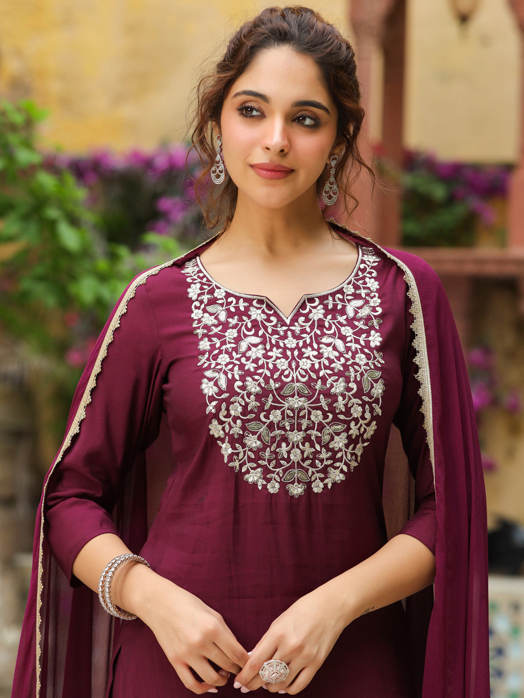 Janasya Dark Chanderi Yoke Embroidery Straight Kurta Set | Swadesiicart