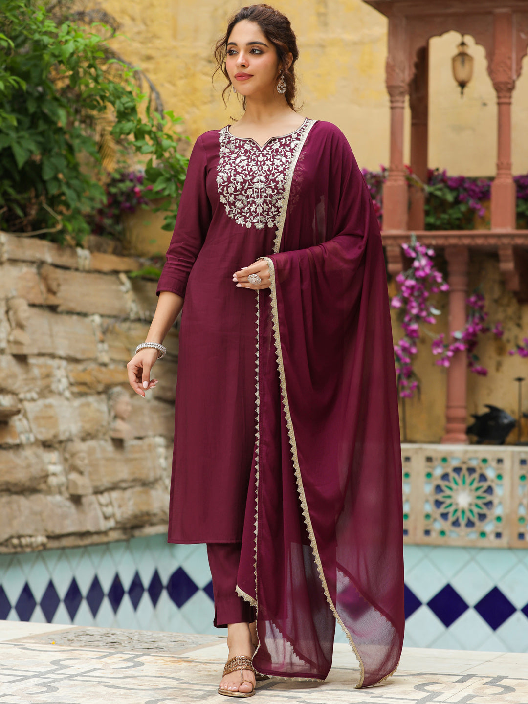 Janasya Dark Chanderi Yoke Embroidery Straight Kurta Set | Swadesiicart