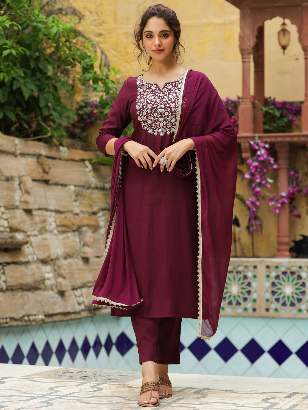 Janasya Dark Chanderi Yoke Embroidery Straight Kurta Set | Swadesiicart