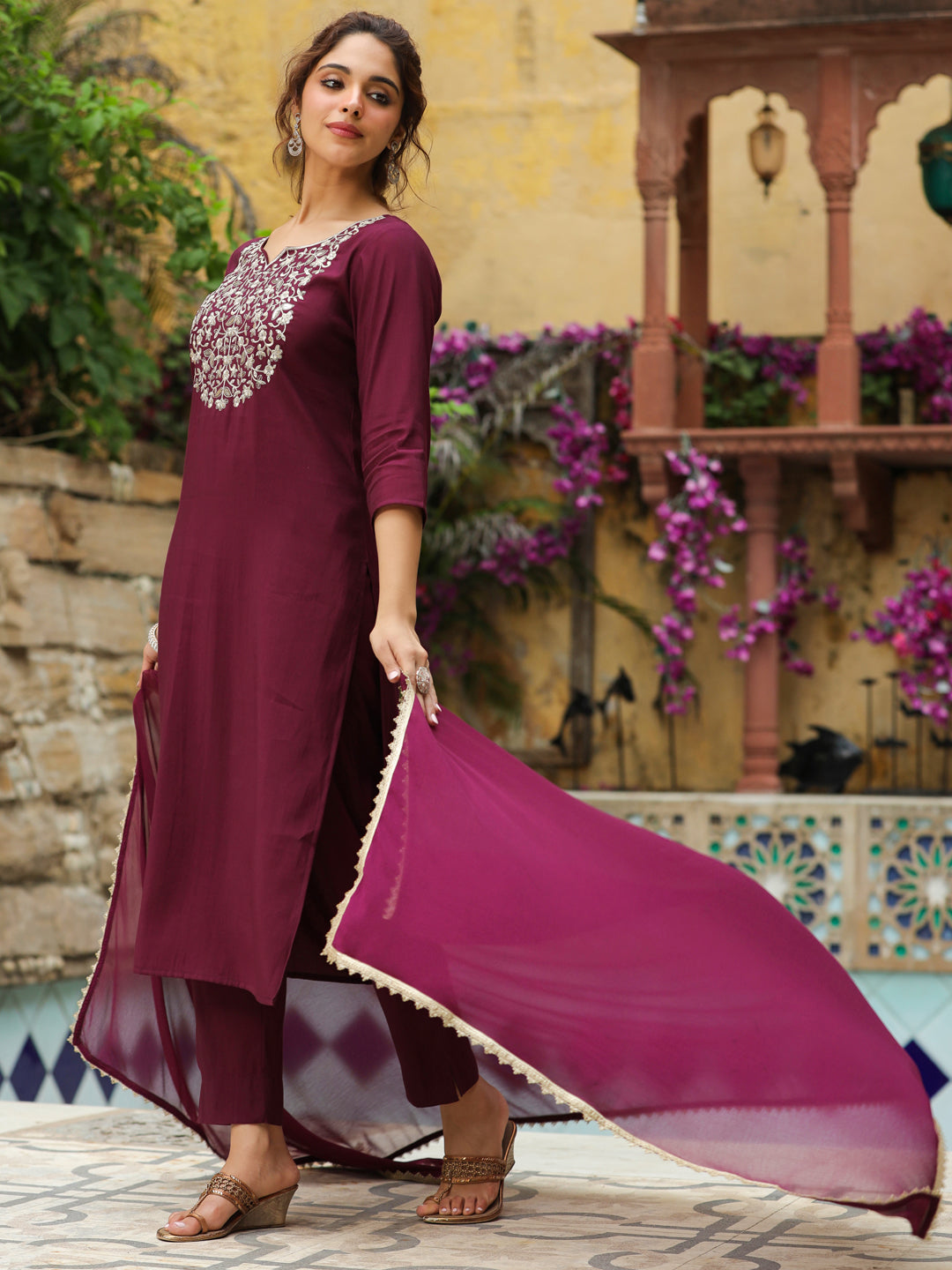 Janasya Dark Chanderi Yoke Embroidery Straight Kurta Set | Swadesiicart