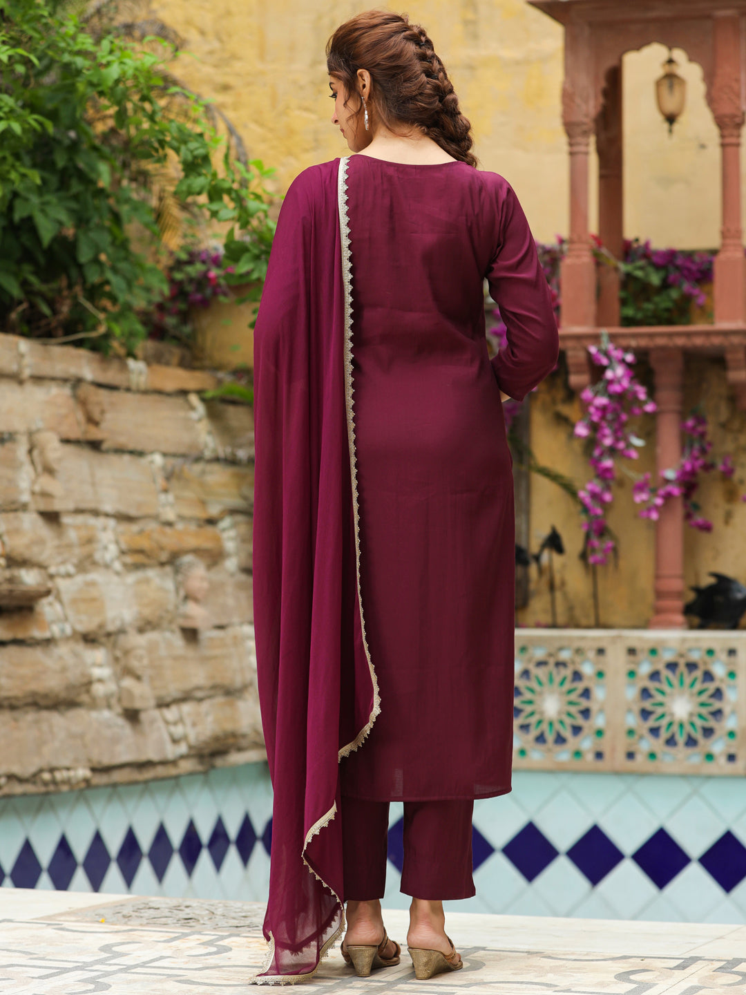 Janasya Dark Chanderi Yoke Embroidery Straight Kurta Set | Swadesiicart