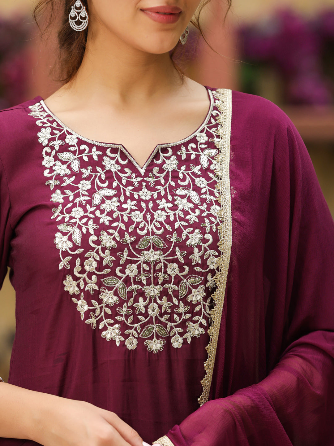 Janasya Dark Chanderi Yoke Embroidery Straight Kurta Set | Swadesiicart