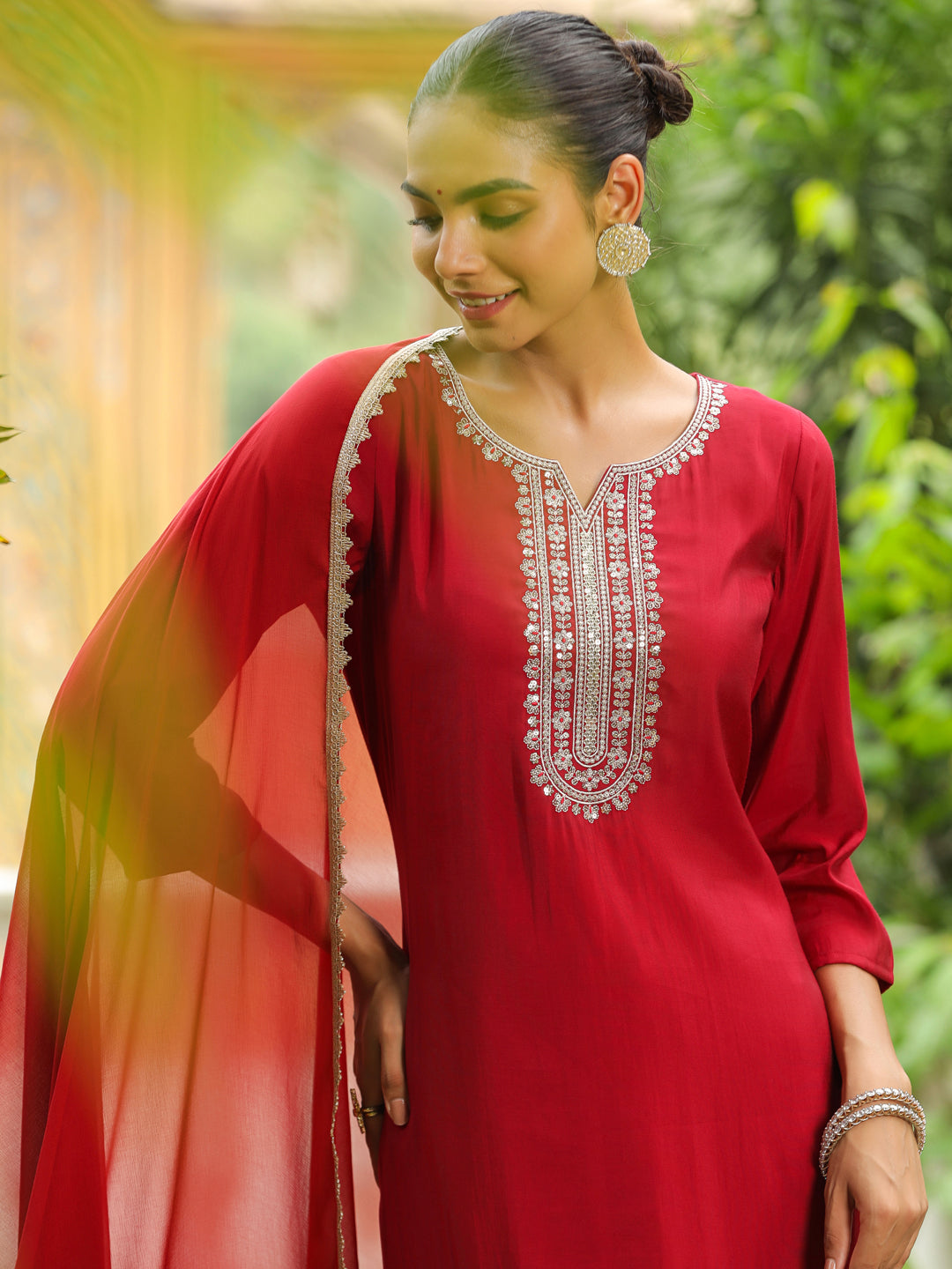 Janasya Dark Chanderi Embroidered Straight Kurta Set | Swadesiicart
