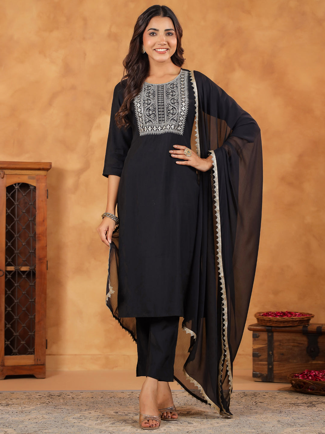 Janasya Dark Chanderi Embroidered Straight Kurta Set | Swadesiicart
